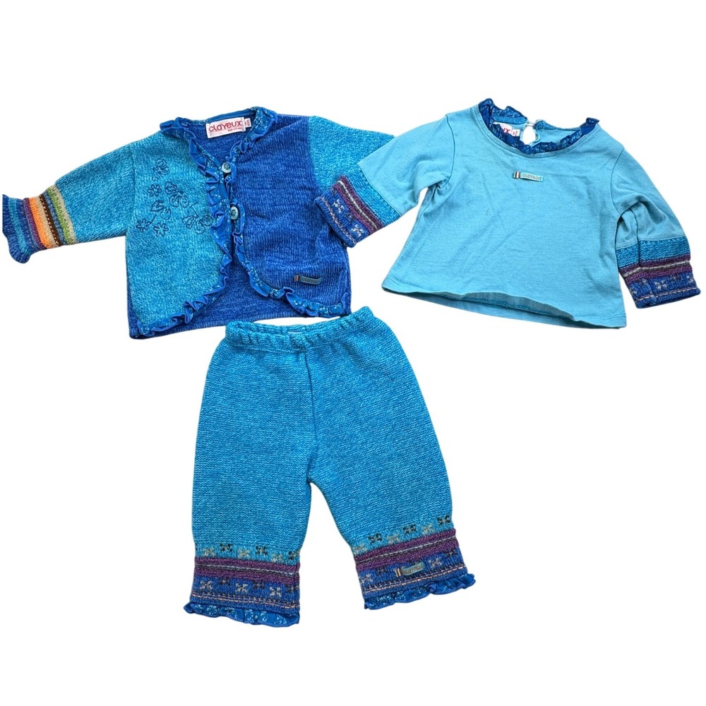 Clayeux France Baby Girls Blue Knit 3 Piece Set Cardigan Top Pants 6M 67cm